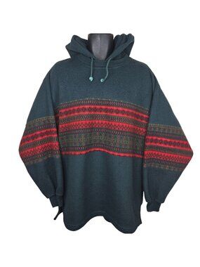 Vintage 90s Bugle Boy Green Hooded Fleece Hoodie Red Stripes Mens Size L